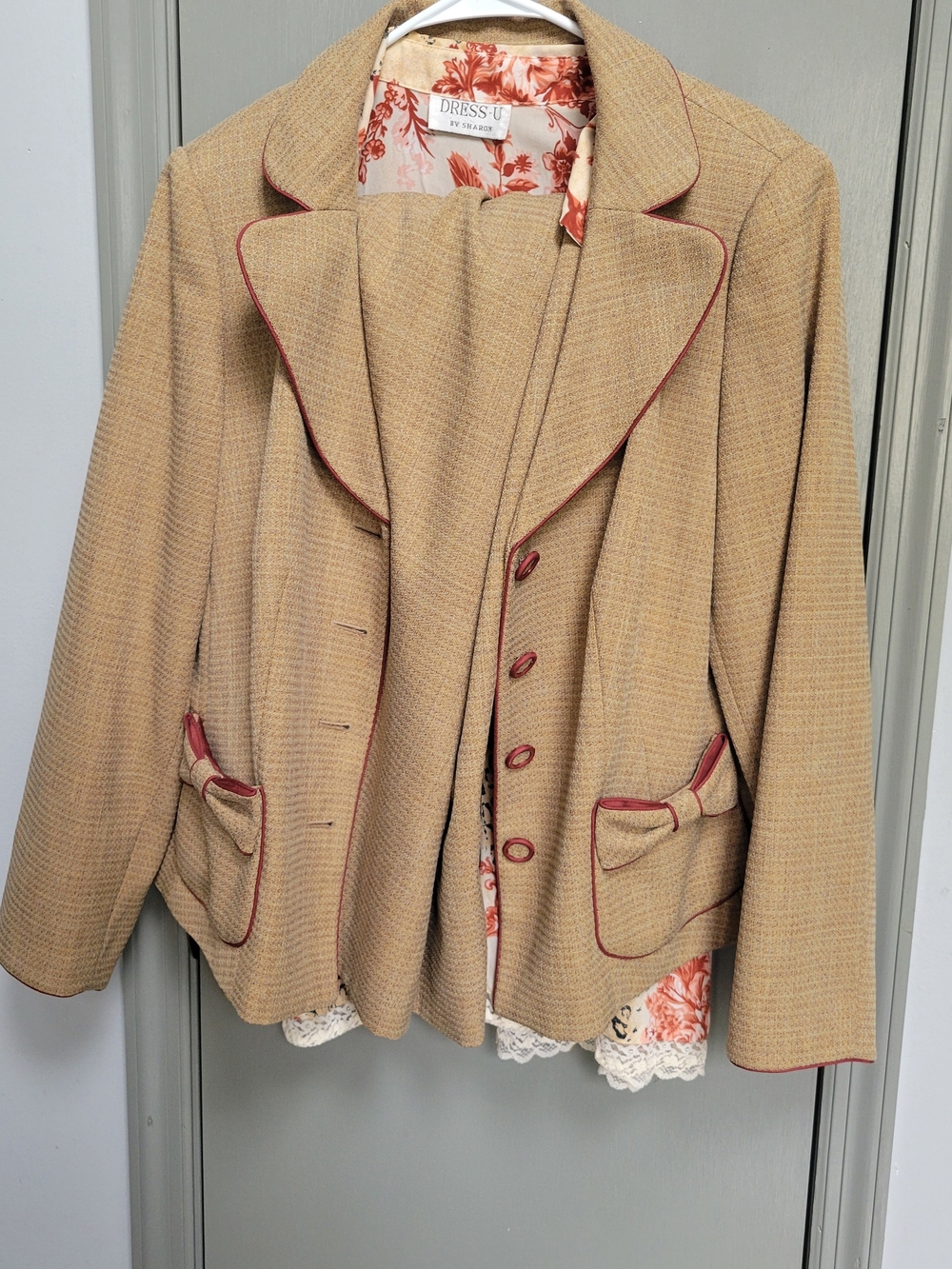 Vintage Women's Tan Blazer And Skirt with Red Trim And  Flowered Blouse